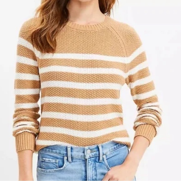 LOFT Sweaters - LOFT Tan & White Striped Cotton Sweater Women’s Size M | Neutral Everyday